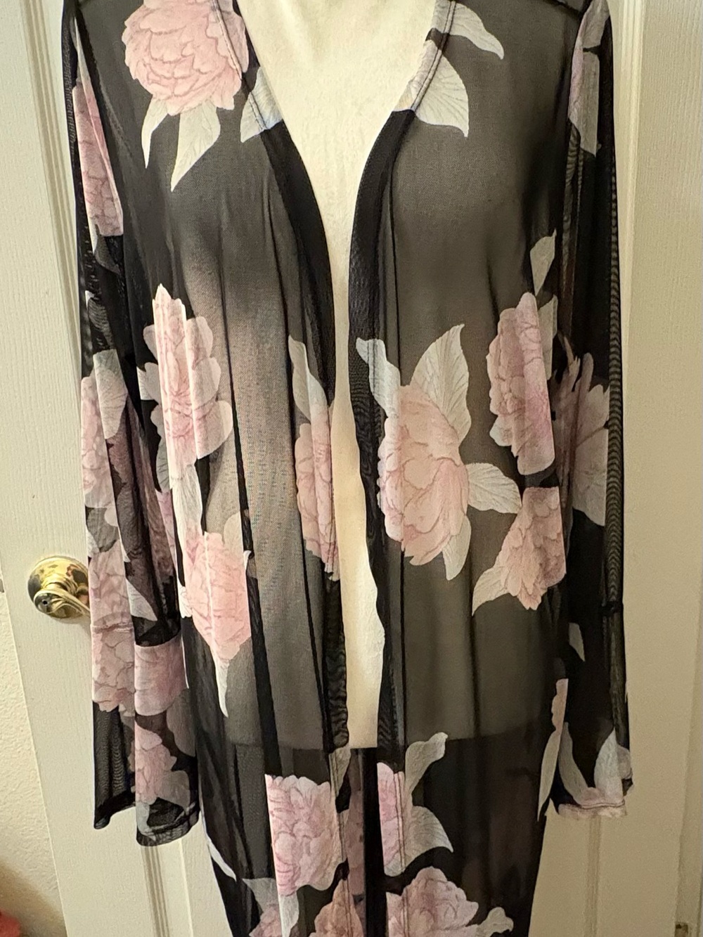 Sheer Floral Long Swim Coverup - Black with Pink Floral